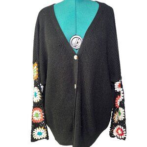 Skue Curve Black Cardigan with Crochet Granny Square Sleeves Size 3X